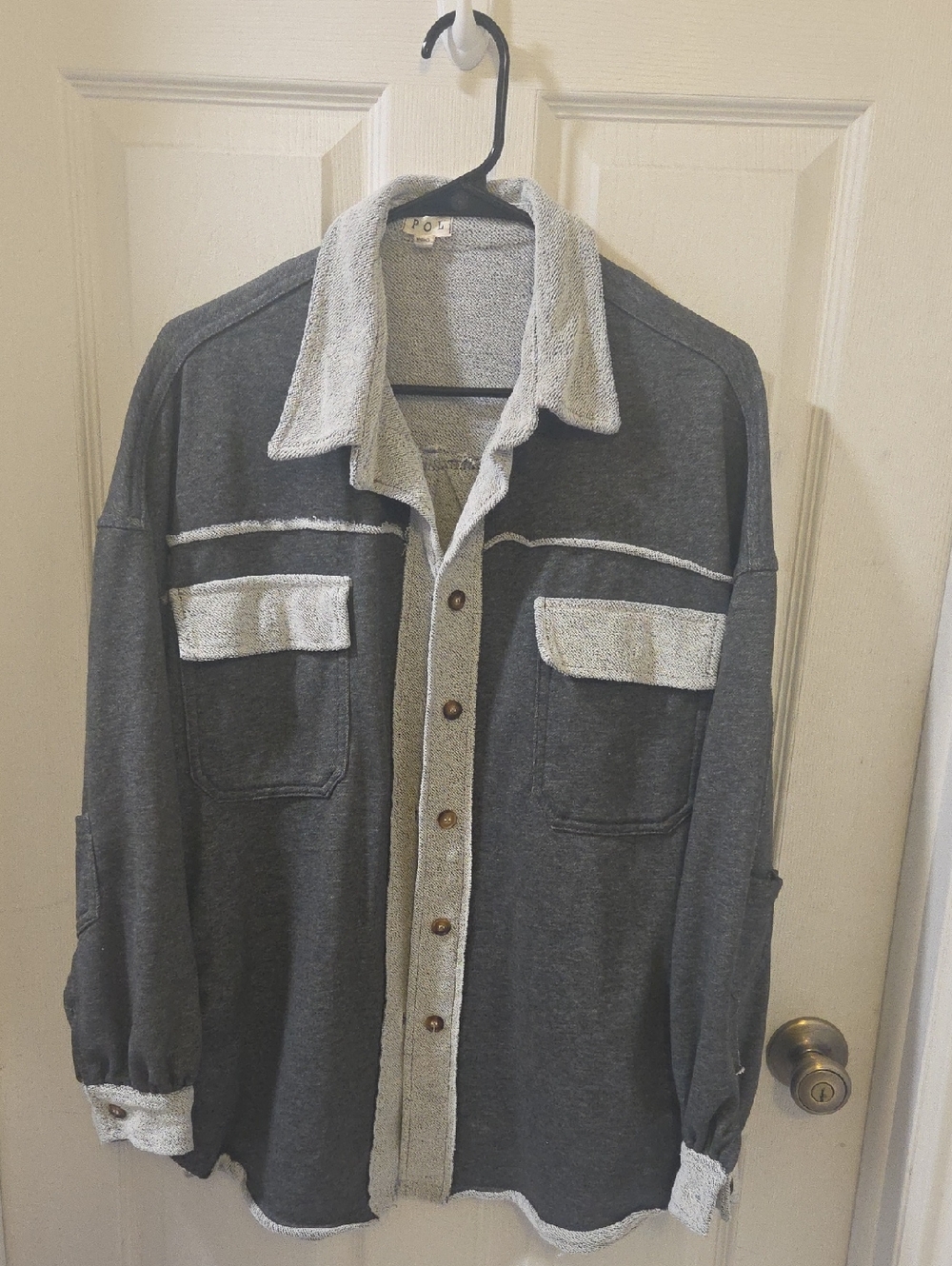 POL Oversized Gray Button-Front Shirt Jacket with Light Trim